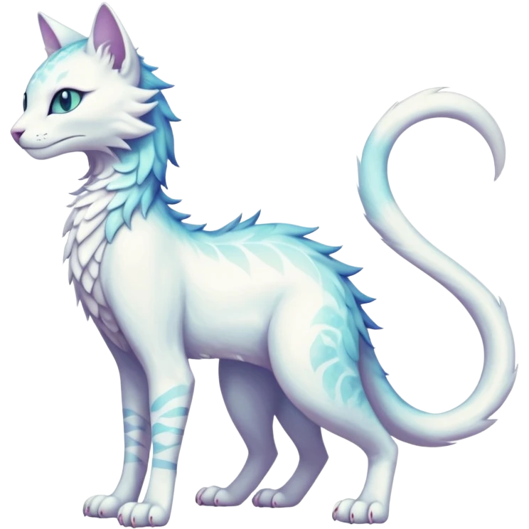 Kawaii white iridescent beautiful pretty elegant divine edgy fantasy feline-vernid-fionbri-sergal-fursona animal creature with a tufted tail full body with intricate markings  emoji