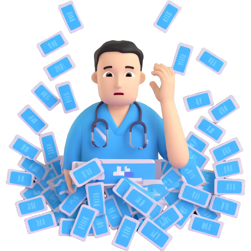 Stressed IT technician with many hospital support tickets emoji