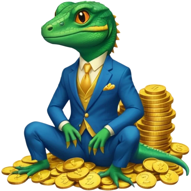lizard in a blue suit, looking cunning, sitting on a heap of gold coins emoji