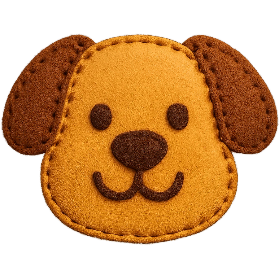 <StylePrompt>
  <Name>Felt Appliqué Plush Style</Name>
  <Description>A soft, handcrafted look inspired by plush felt fabric with visible stitching and a padded 3D texture, rendered on a solid black background.</Description>
  <VisualProperties>
    <Material>Felt</Material>
    <Texture>Soft, fuzzy, with slight fiber detail</Texture>
    <Stitching>
      <Type>Thick thread</Type>
      <Color>Orange or slightly darker tone than fabric</Color>
      <Pattern>Uniform running stitch along outer edge</Pattern>
    </Stitching>
    <Padding>High, plush-like 3D depth</Padding>
    <Edges>Rounded corners</Edges>
    <ColorPalette>
      <Primary>Warm yellow/orange tones</Primary>
      <Accent>Brown or dark orange for facial features and outline</Accent>
      <Background>Black</Background>
    </ColorPalette>
  </VisualProperties>
  <Rendering>
    <Lighting>Soft, even studio lighting</Lighting>
    <Shadows>Subtle drop shadows for depth</Shadows>
    <Perspective>Flat front-facing, symmetrical if applicable</Perspective>
  </Rendering>
  <Applicability>
    <SubjectType>Any object, animal, or letterform</SubjectType>
    <OutputFormat>Icon, emoji, patch-style graphic</OutputFormat>
  </Applicability>
</StylePrompt>

{subject} = dog emoji