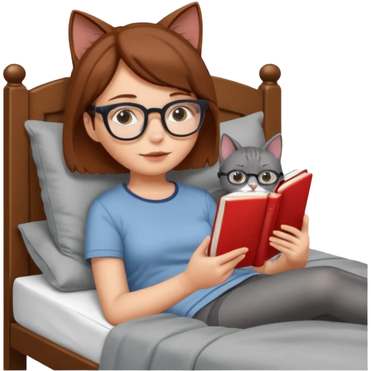 A girl is lying in bed. She has short chestnut hair styled neatly, is wearing glasses, and is reading a book. A grey cat is lying on her legs. emoji