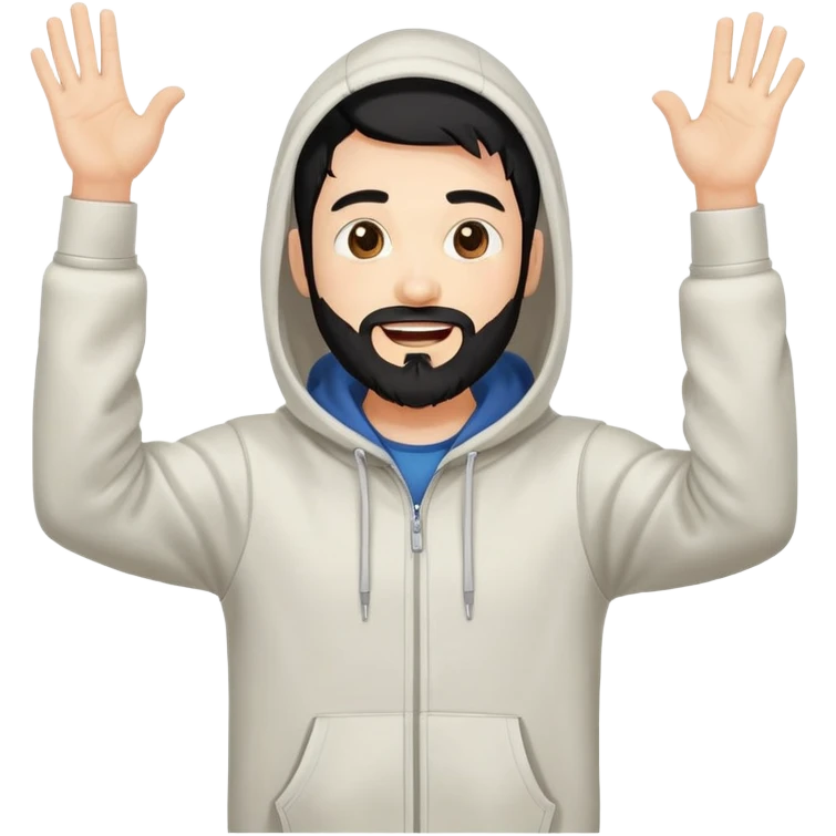 male coder with black hair, beard, and white skin, wearing a hoodie, excitedly raising arms in celebration after solving a coding problem, computer in front of him emoji