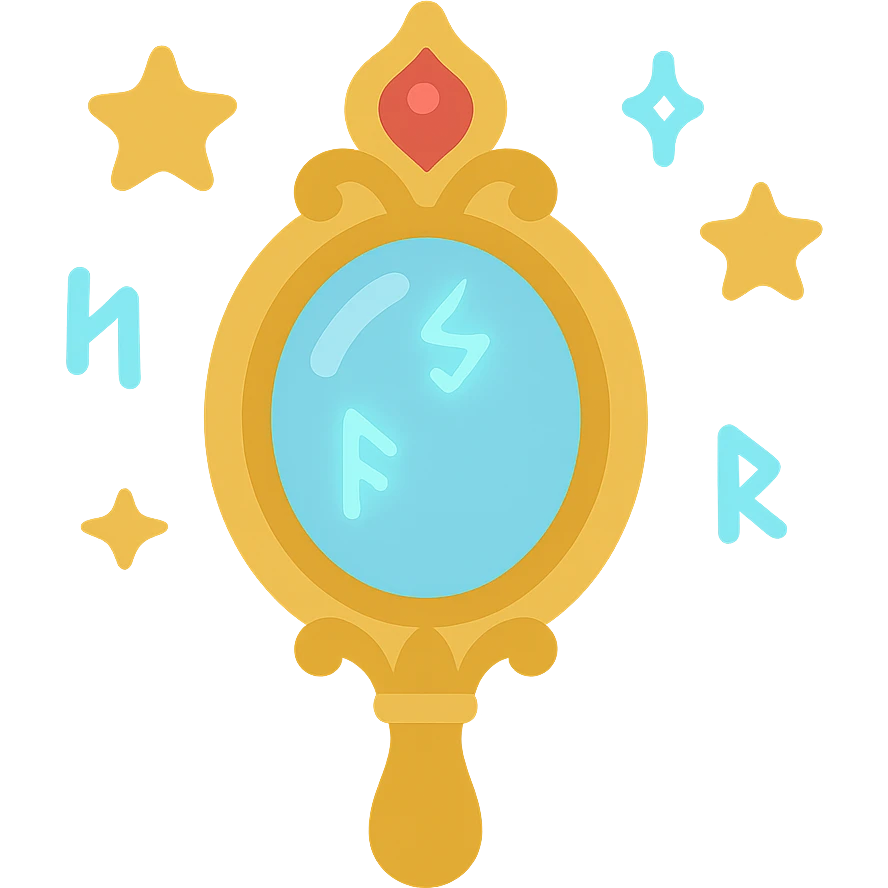 Mirror with magical ornament, surrounded by floating stars and glowing runes, color filled style with shadows and highlights, transparent background. emoji
