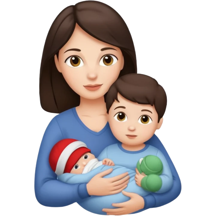 Beautiful Brunette Mother holding a baby and two sons, realistic  emoji