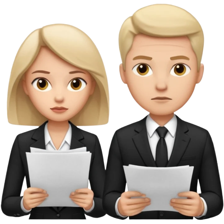 man in formal suit talking to woman in formal suit, they sit, papers in hands emoji