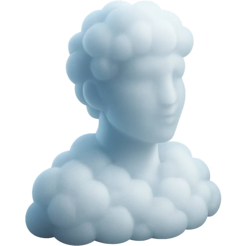 person looking straight, shoulders up, fully made of white fluffy convex clouds, matte glass style, volumetric and soft clouds, no background emoji