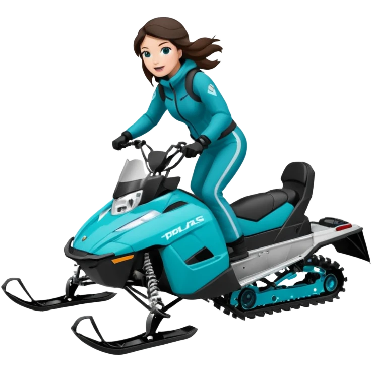 Can you create an emoji of a brunette girl on a teal polaris khaos 850 155 snowmobile doing a wheelie with snow flying emoji