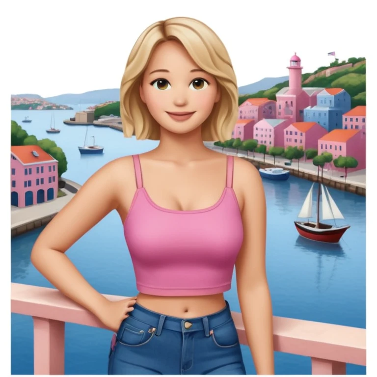 jennifer lawrence, pink crop top, and blue jeans, leaning on a balcony with a harbor and cityscape in the background, smiling emoji