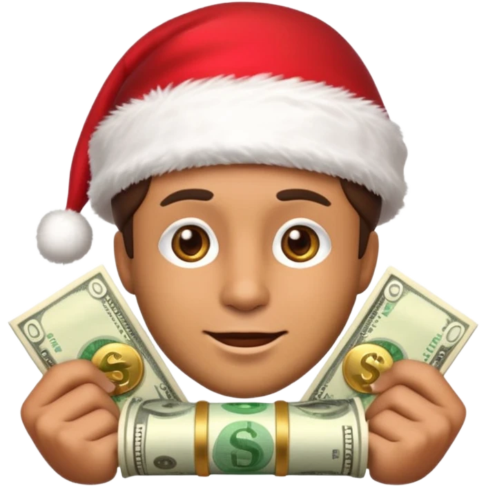 A confident rich emoji face wearing a Santa hat, money stacks, casino vibe, New Year theme, premium 3D emoji style, sharp details, no text, isolated on transparent background emoji