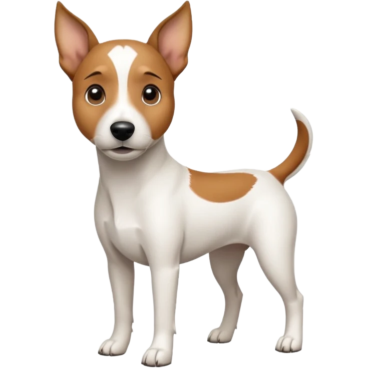 a full body white jack russel looking dog the size of a kelpie with light brown ears and a light brown patch on one eye, flopped down ears and a large snout emoji
