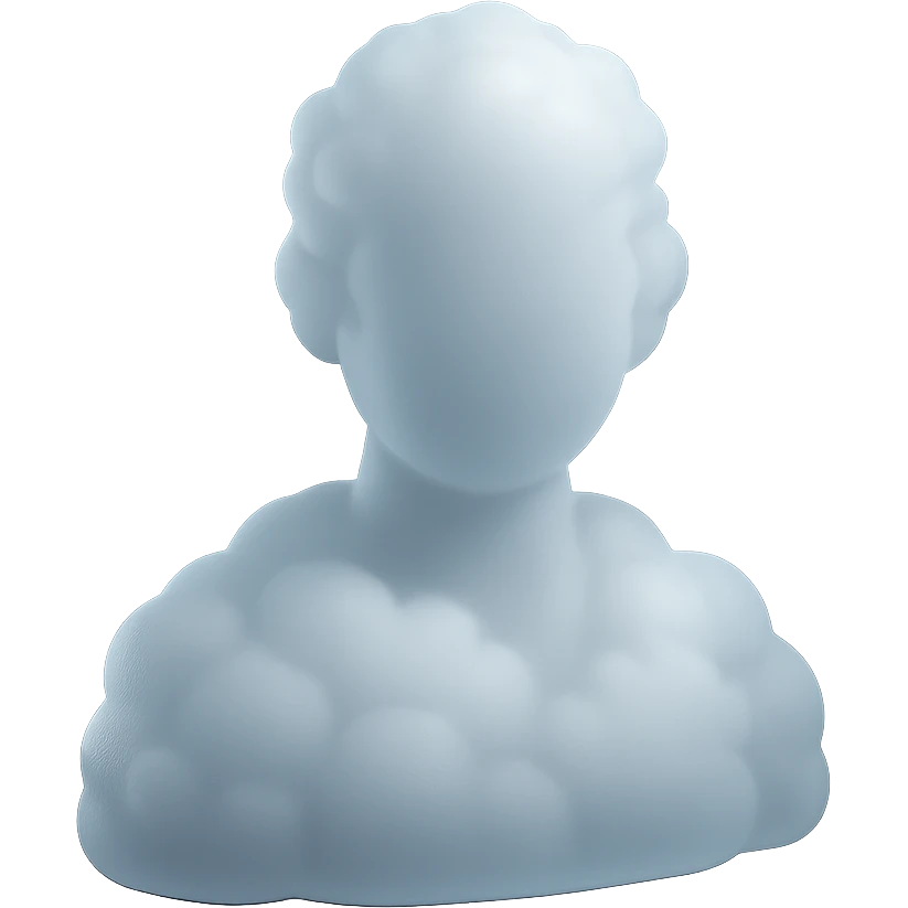 person made entirely of white fluffy clouds, shoulder up, front view, matte glass style emoji
