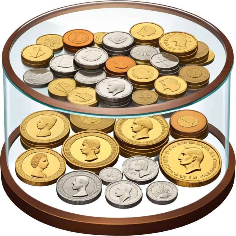 Icon for Coin Collecting: a collection of various vintage and modern coins, neatly arranged in a display case or on a table. The icon should highlight the diversity and historical value of coin collecting. Transparent background. emoji