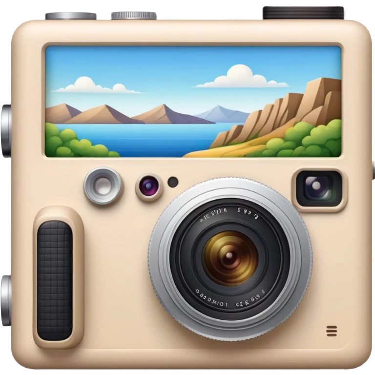 A beige camera and next to it a landscape photograph of the frame behind the camera emoji
