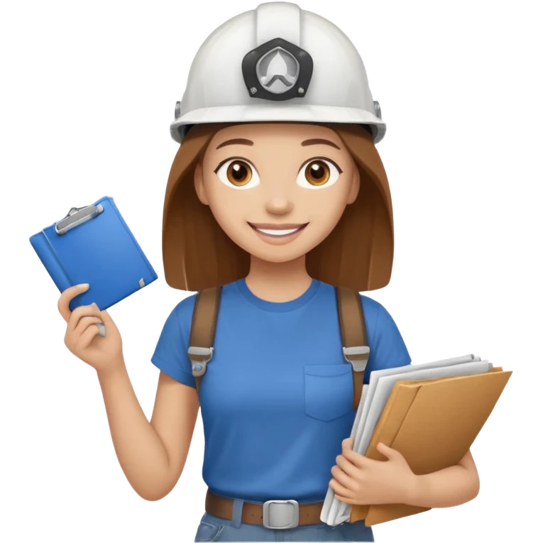 Waist-up girl on a white background wearing a brown Skims t-shirt. Hair is long, straight, chestnut-colored, reaching the waist. Brown eyes, long eyelashes, smiling with visible braces. White helmet with “BUT” written in brown. Holding rolled-up blueprints. emoji