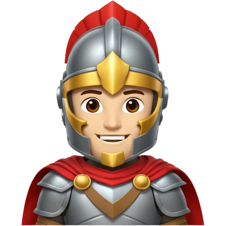 A friendly Trojan warrior mascot with a large cartoon-style head, wearing a silver helmet with a red crest and black cheek guards.  confident smile. The character wears dark armor with metallic details and a WITH yellow cape.  emoji