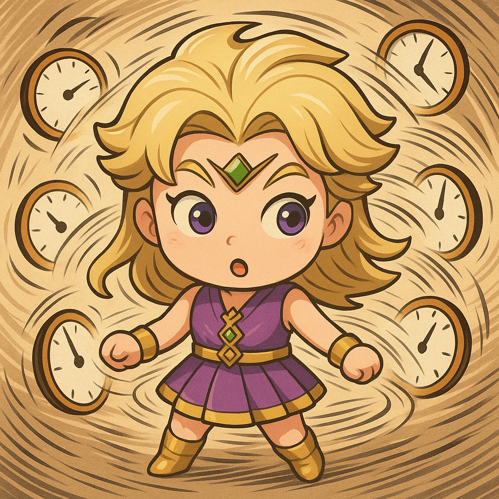 Add a playful time acceleration effect to the chibi Made in Heaven emoji. Include swirling clocks or cartoon speed lines to enhance the playful vibe. emoji
