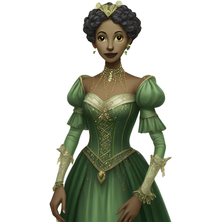 a green amazon alien woman in Victorian white gold full body emoji