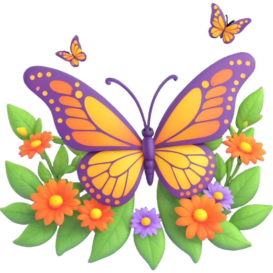 Add glowing leaves among the flowers and around the butterfly, maintaining the magical, 3D cartoon, digital fantasy art style. Keep the transparent background and all existing effects including flowers, glowing outlines, sparkling accents, magical particles, and elegant wings. emoji