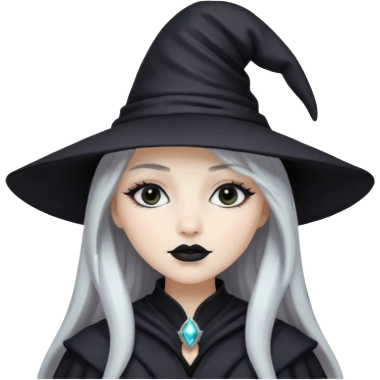 pale girl with long silver hair, black lipstick, black eyeshadow, black wizard hat  emoji
