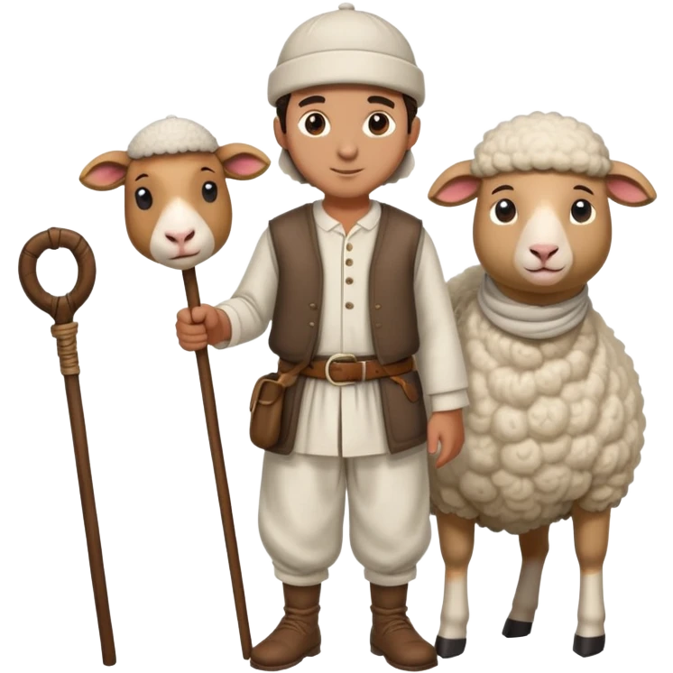 A Turkish shepherd wearing a white felt kepenek, loose shalwar pants, a cloth belt, and a wool cap, holding a wooden staff beside a sheep emoji