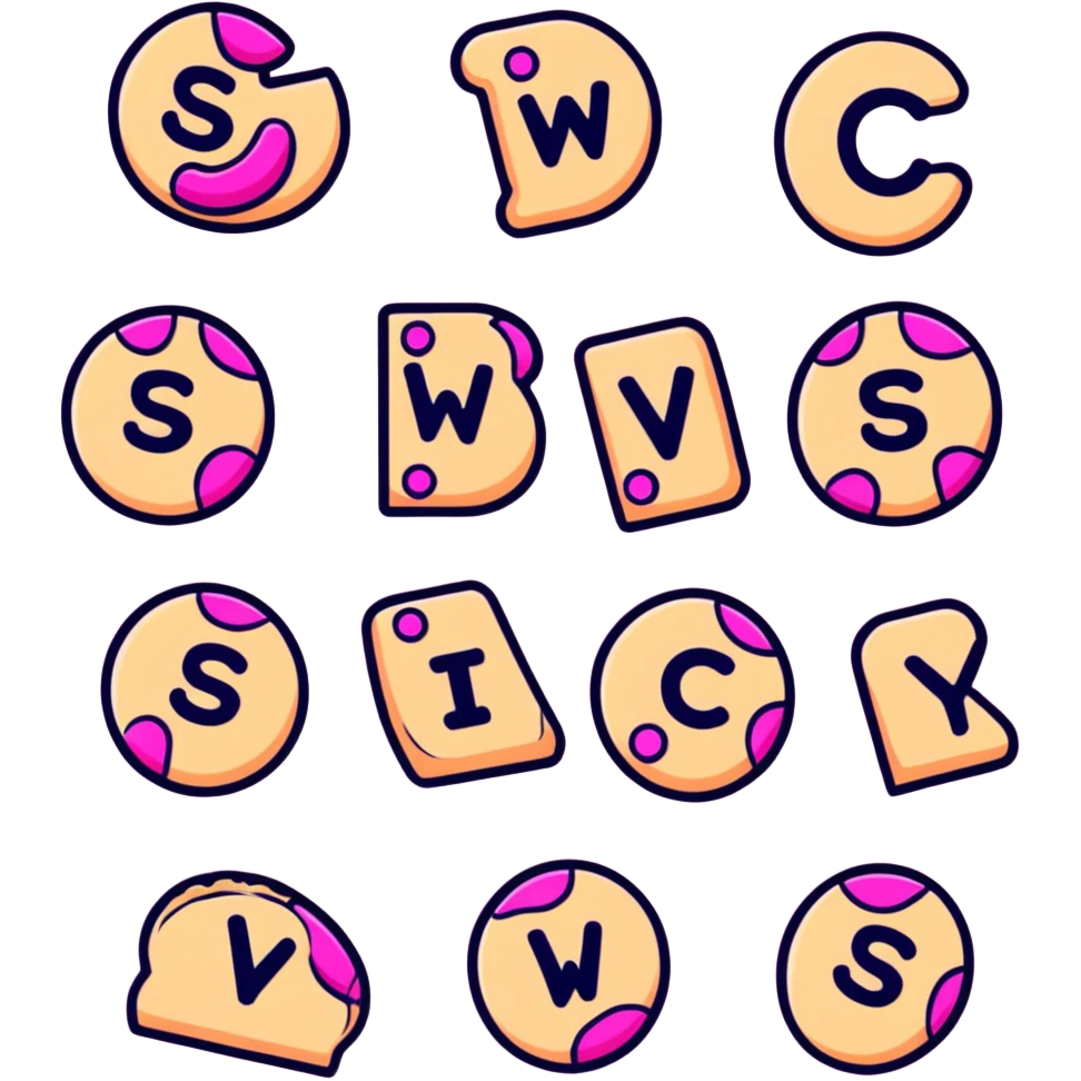 Pink alphabet cookies spelling SWICY emoji