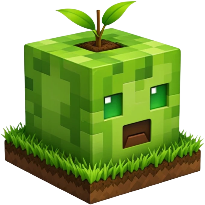 A 3D Apple-style emoji of a Minecraft grass block, cubic shape, with bright green grass on top and brown soil with pixel texture on the sides, simple and cute cartoon design. emoji