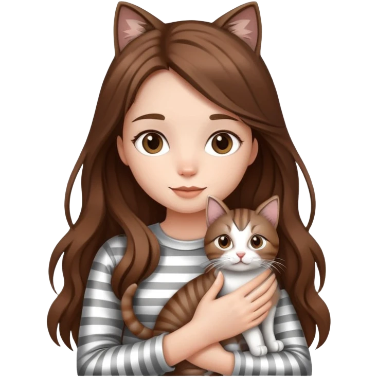 girl with long hair holding a cat with silver stripes emoji