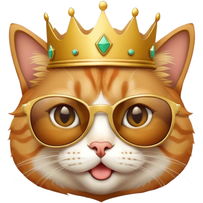 Cat with a crown and sunglasses and making a stupid face emoji