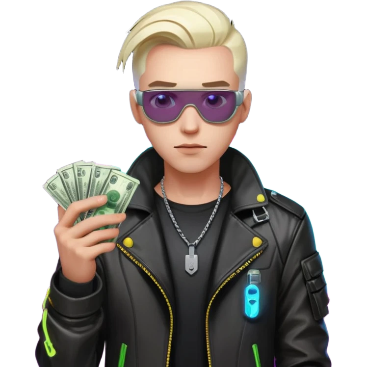 cyber punk man holding money and phone emoji