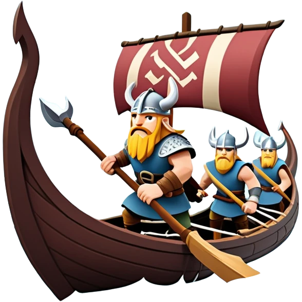 clash-of-clans-aesthetic_-cinematic-viking-longboat, rendered in a flat, bold vector style with minimal shading, featuring a striking dragon-headed prow slicing through icy, churning waters. shields on the side and vikings rowing The longboat’s intricately detailed shields and carved motifs evoke a sense of epic adventure and Nordic might, with billowing sails catching a dramatic, stormy sky backdrop. emoji