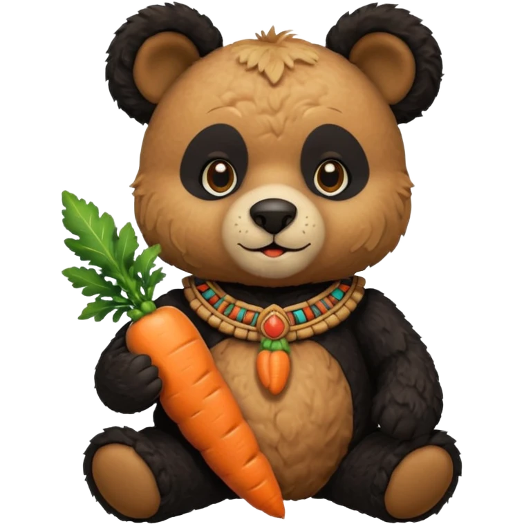 teddy bear Upper eat carrot , wearing black mayan ancient custome, half body emoji