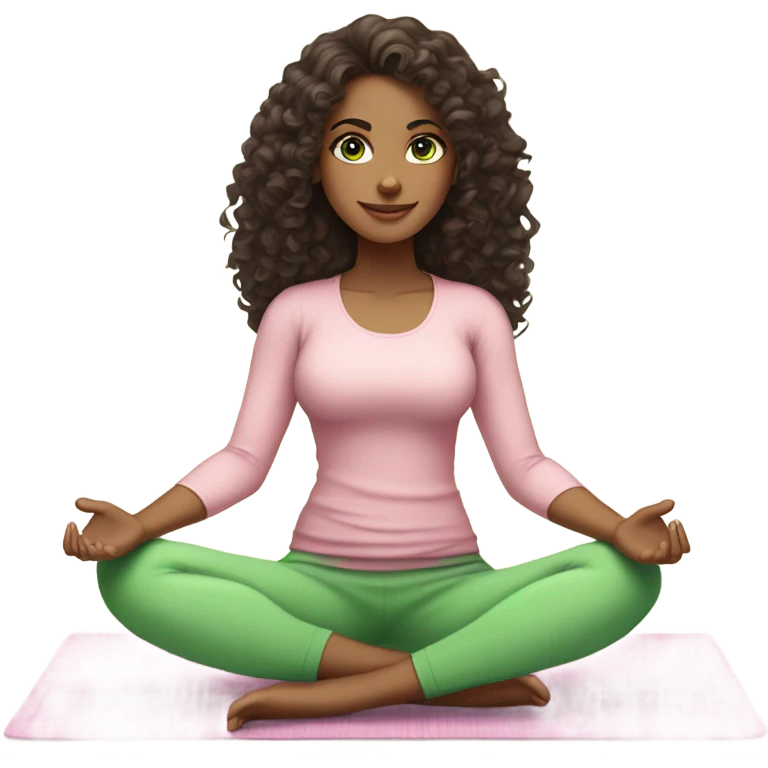 Dark brown long curly hair and green eyes yoga beautiful young woman in light pink pink pink clothes sitting on a yoga mat emoji