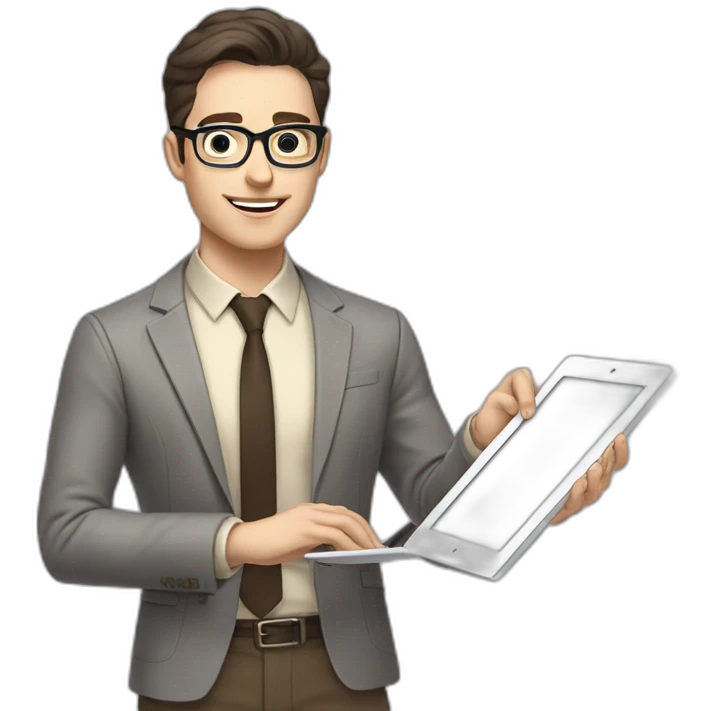 Pale skinned fit man with dark brown hair in gray jacket, beige office shirt, brown tie, brown pants and vintage glasses Writing on the tablet emoji