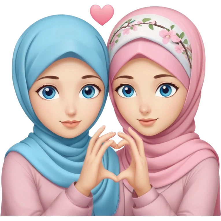 Turkish beautiful finish Konya two girls blue eyes with pastel blossom hijab and making love heart with hand gesture emoji
