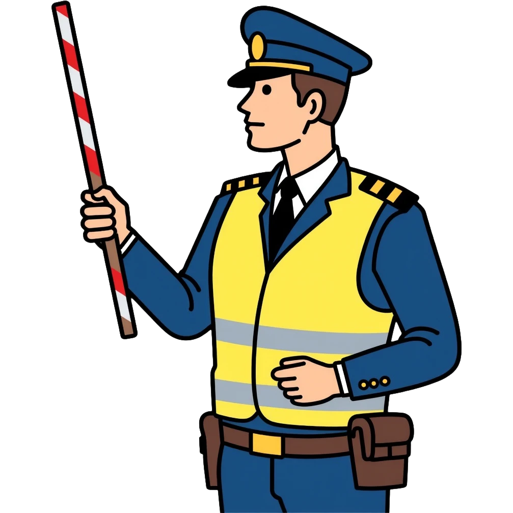 Russian traffic police officer with reflective vest, blue uniform, peaked cap, directing traffic with striped baton emoji