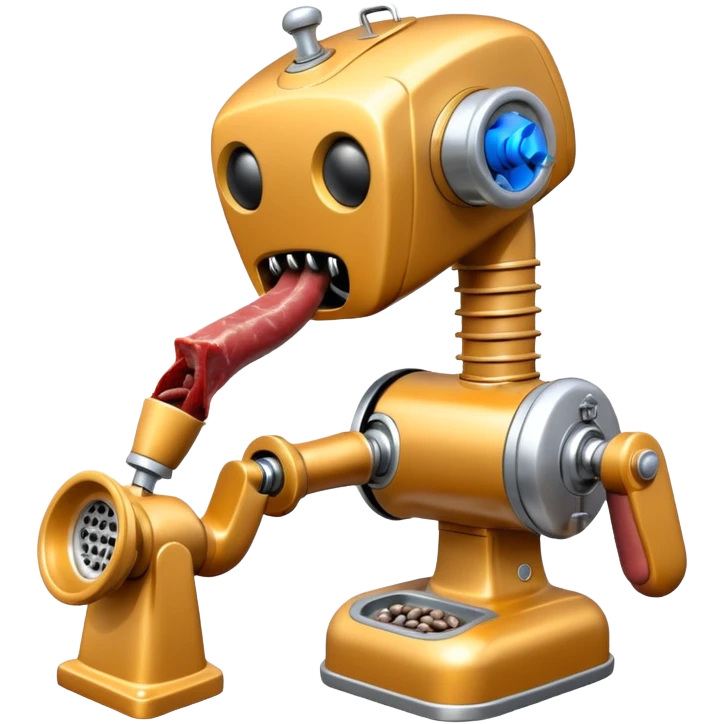 a robot that has a meat grinder for a head. 2 arms that stuff meat into the meat grinder and sausage links come out of the rear. The robot hovers. shoves meat into its mouth to grind emoji