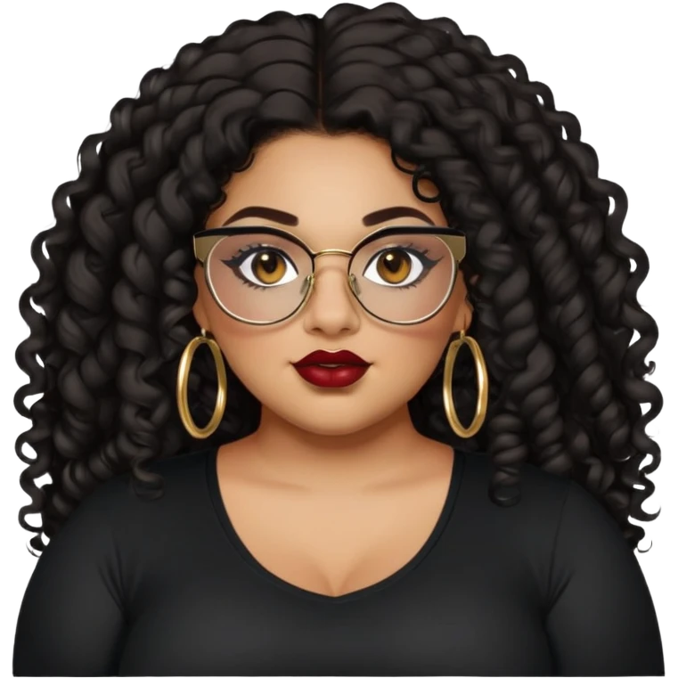 teen big plus size, latina, darker tan skin, gold hoops, long black curly hair, baddie,pretty, makeup, dark red lipgloss, black eyeliner, long hair, black shirt, black glasses emoji