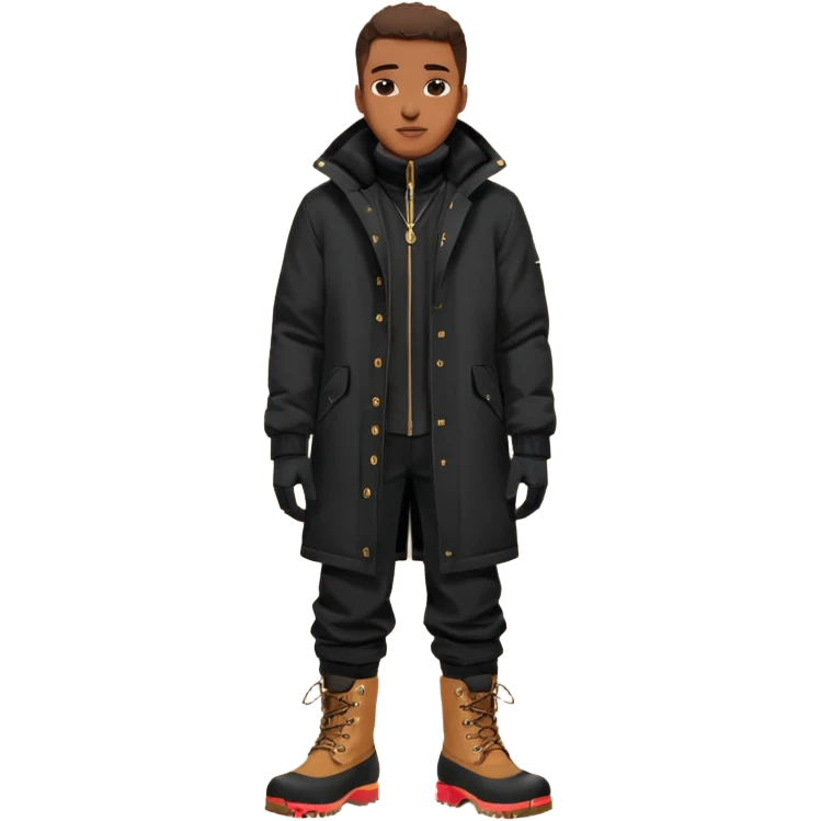 Handsome Black grown man with brown skin tone, wearing black joggers, a black weather coat, and buckwheat timberland boots, and black gloves emoji