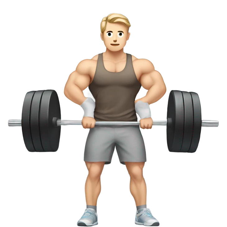 Kawaii White man with light brown hair at gym standing holding barbell on shoulders from side view emoji