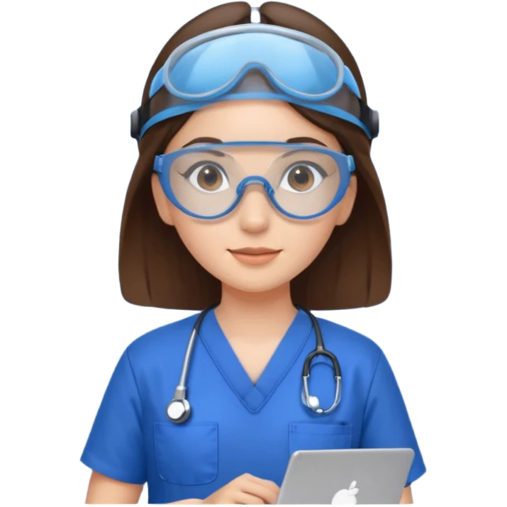 i need a brunette young woman in blue scrubs with brown eyes fair skin with safety goggles on and a laptop for research  healthcare research no safety helmet emoji
