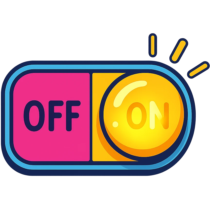 colorful cartoon toggle switch, playful design, ON/OFF label, glowing, symbolizes event system activation emoji