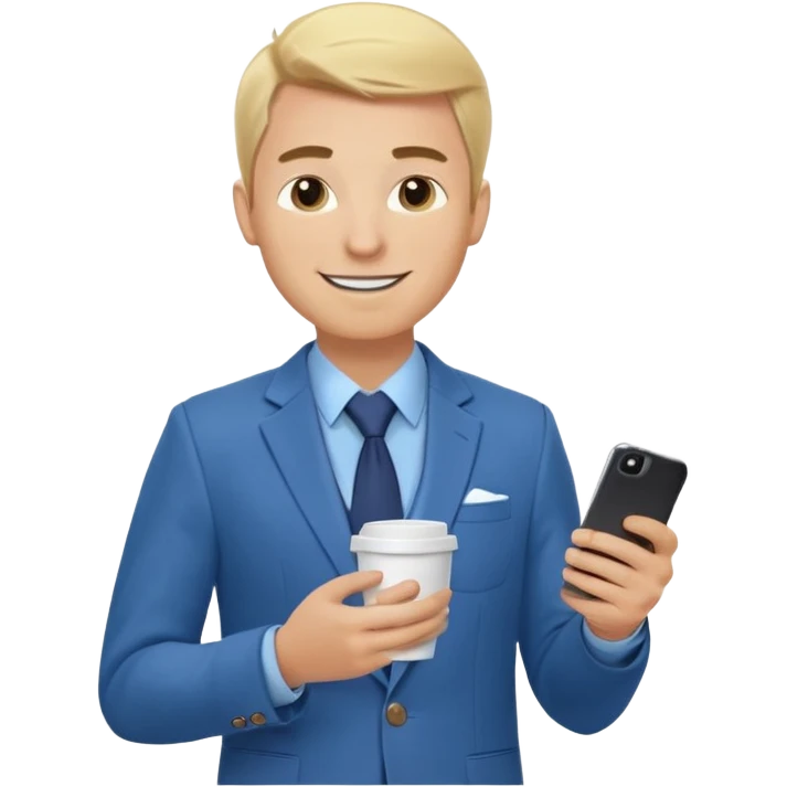 Confident and outgoing male entrepreneur, Caucasian features, blonde hair, big friendly smile, expressive eyes, defined eyebrows, wearing a blue blazer over a light blue shirt, holding a smartphone in one hand and a coffee cup in the other, waist-up, front-facing emoji