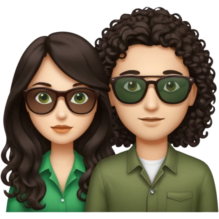 Two besites in sunglasses, 1: long ironed straight darkbrown hair, green eyes, 2: long curly darkbrown hair, brown eyes emoji