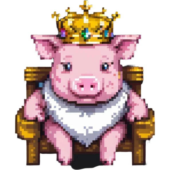simple ultra-low pixel count pixel art of a pig with a golden crown sitting on a throne, blocky and square like Minecraft emoji