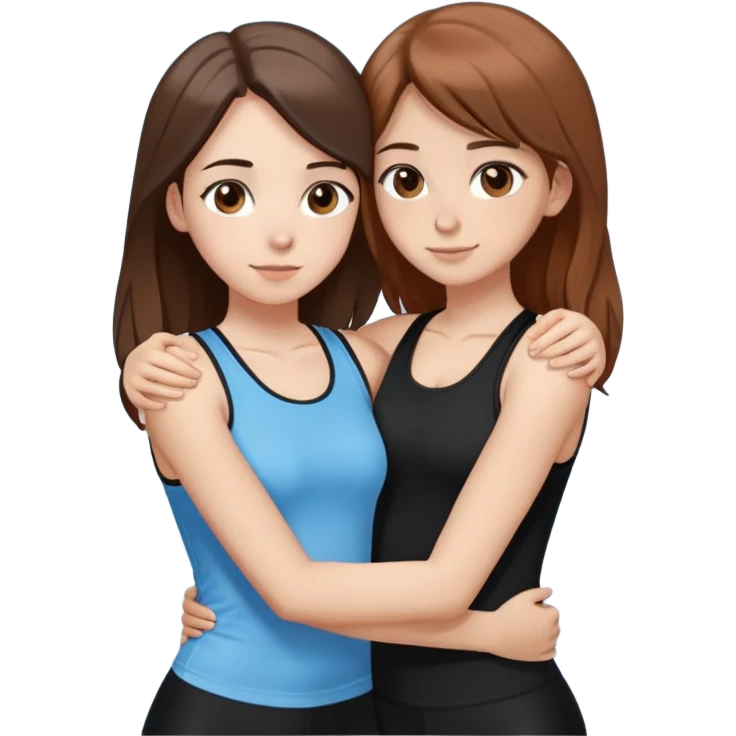 Two slim girls hugging each other and looking forward. The first girl has dark blonde hair and brown eyes, wearing a tight black tank top and black leggings. The second girl has chestnut brown hair and dark brown eyes, wearing the same style of outfit in light blue. emoji