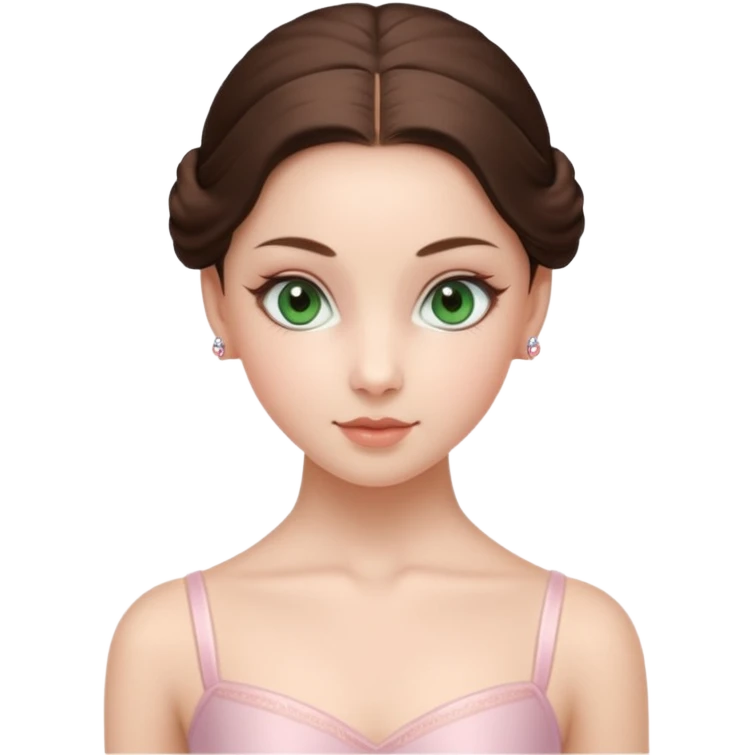 Cinema Realistic Ballerina Portrait, with porcelain-like skin featuring a natural rosy flush, illuminated by soft lighting that highlights the gentle contours of her face. Her Brunette hair flows in soft.Her deep green light eyes radiate framed by arched brows and long lashes. emoji