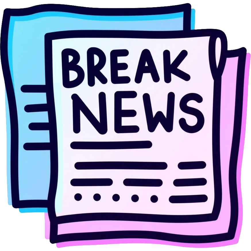 newspaper with breaking news headline, neon glow effect, blue neon glow on top left, purple neon glow on bottom right emoji