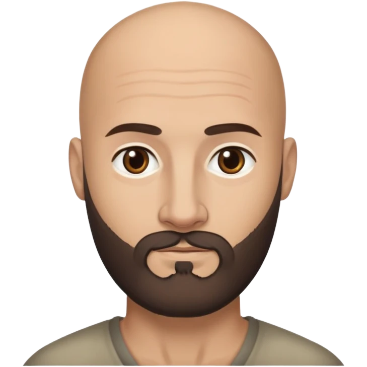 Head emoji of a bald Caucasian man with tan skin, dark almost black eyes, and a dark brown medium length beard with some grey in it. Please show one result with glasses and the other without. emoji