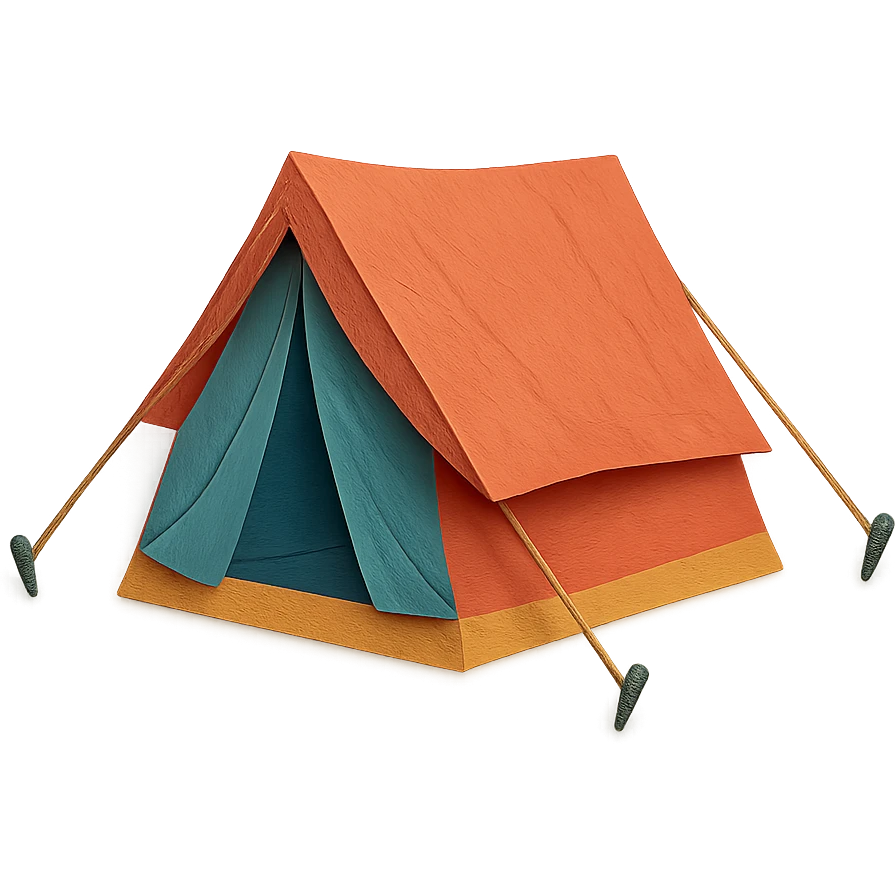 close-up of a camping tent, paper craft style, fine paper edges, realistic fabric folds, tent stakes and ropes visible emoji