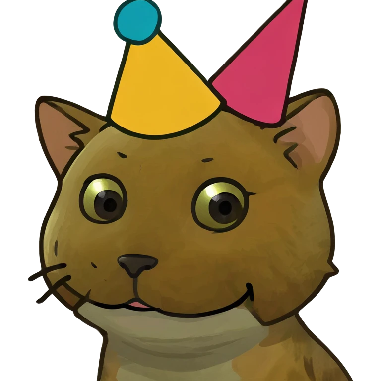 ginger tabby kitten at a birthday party, smiling, with cake, balloons, and wrapped gifts emoji